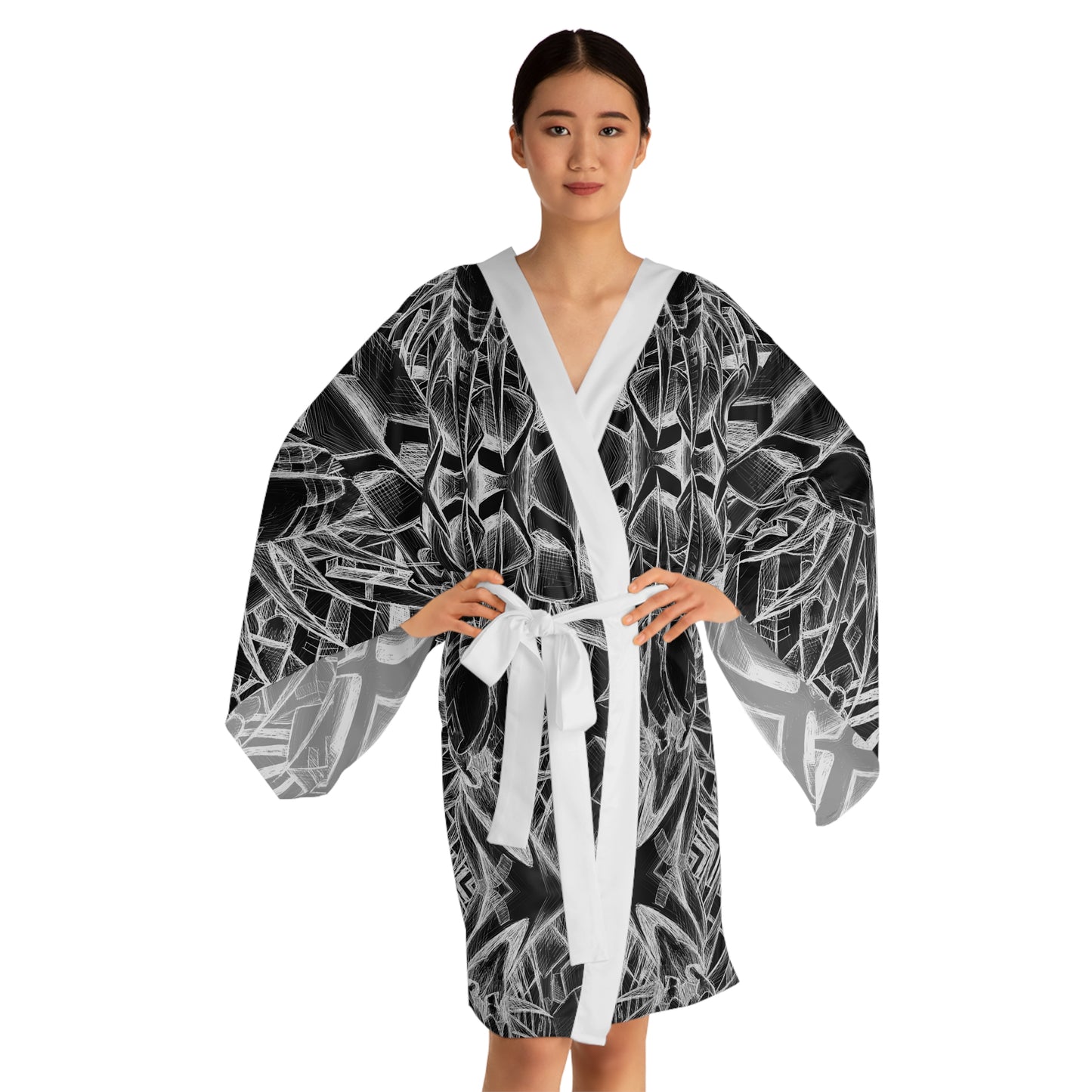 Inverted Sketch Monochrome Long Sleeve Kimono Robe (AOP)