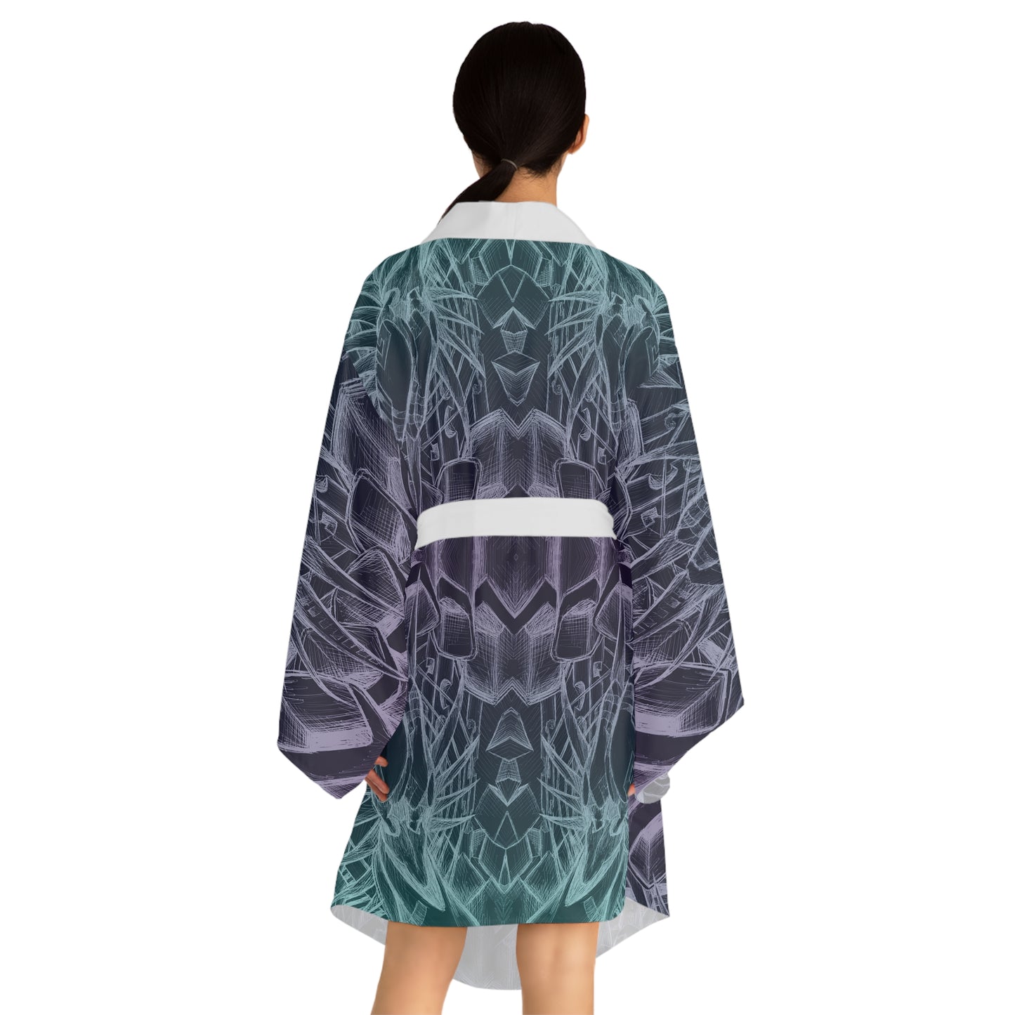 Inverted Sketch Midnight Blue Long Sleeve Kimono Robe (AOP)