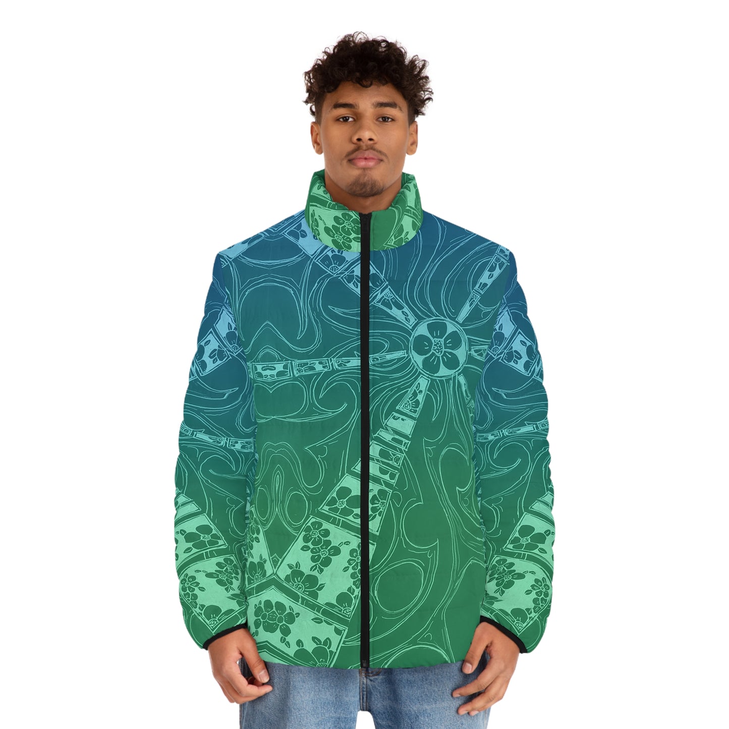 Flowers Sketch Aquamarine Men's Puffer Jacket (AOP)