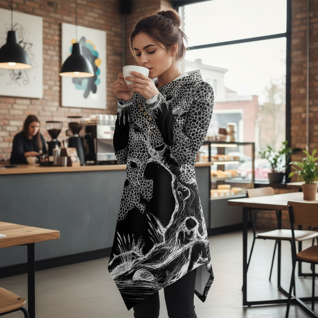 Sketch Inverted All-Over Print Women's Asymmetric Hem Hoodie