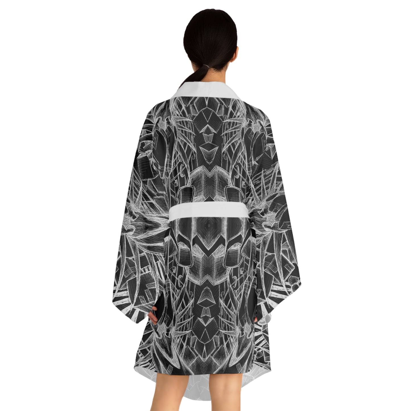 Inverted Sketch Monochrome Long Sleeve Kimono Robe (AOP)