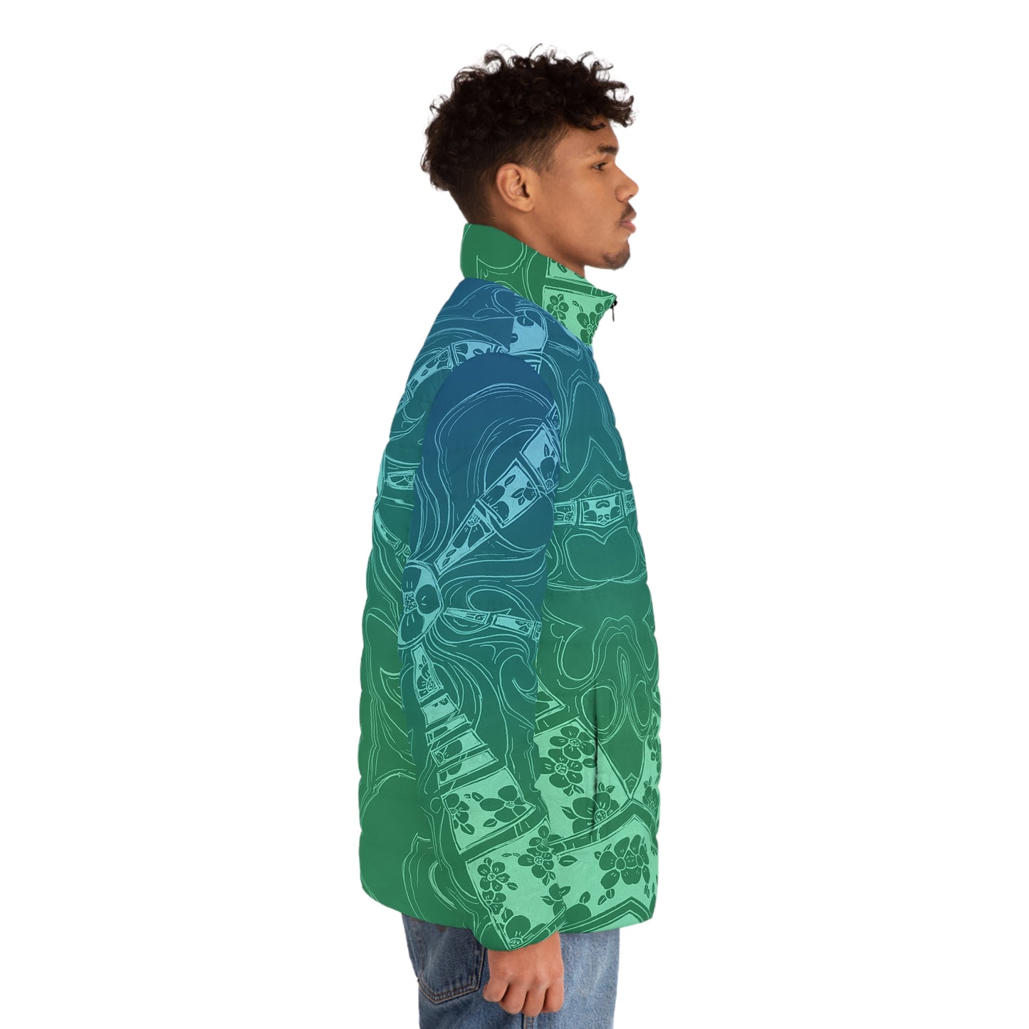 Flowers Sketch Aquamarine Men's Puffer Jacket (AOP)