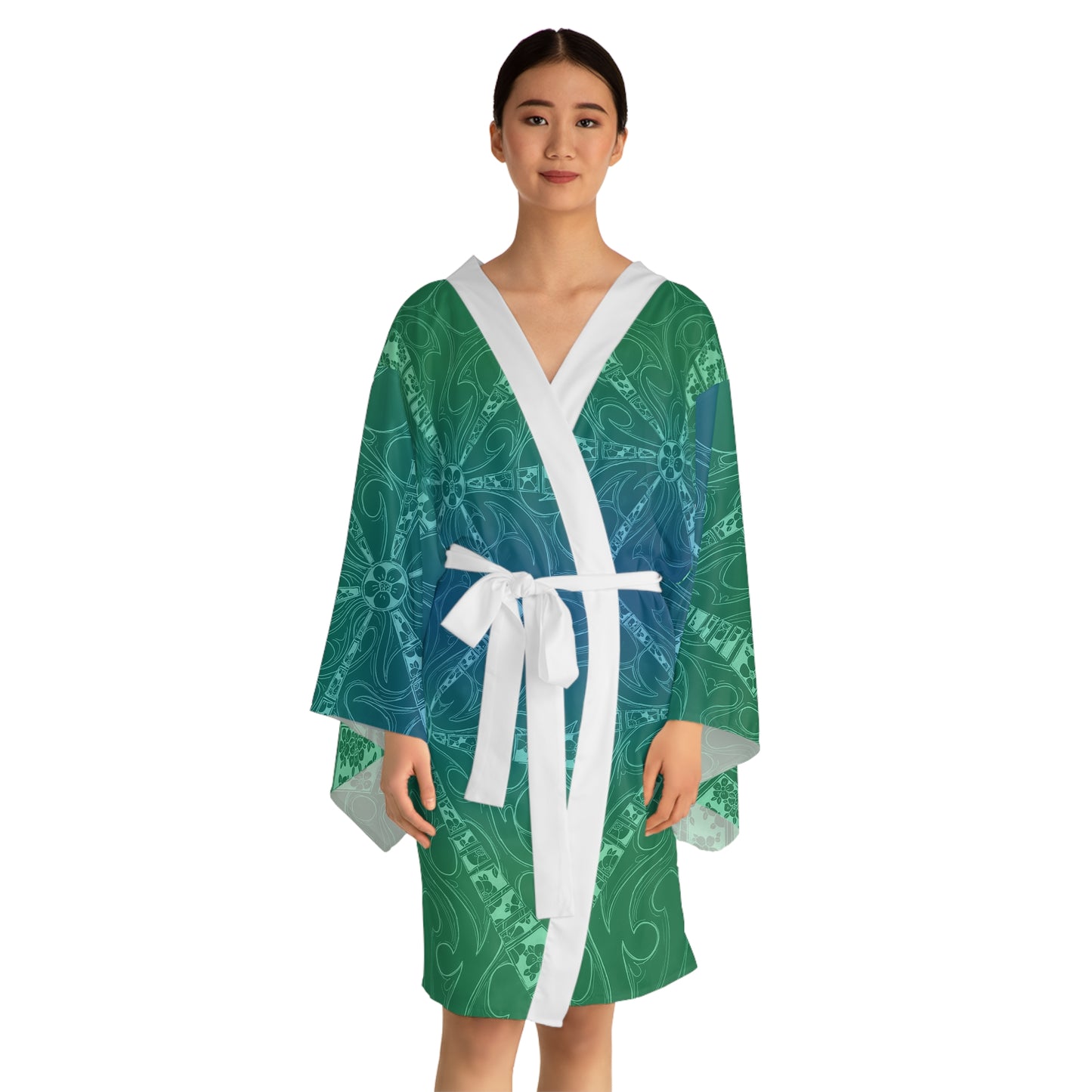 Flower Sketch Aquamarine Long Sleeve Kimono Robe (AOP)