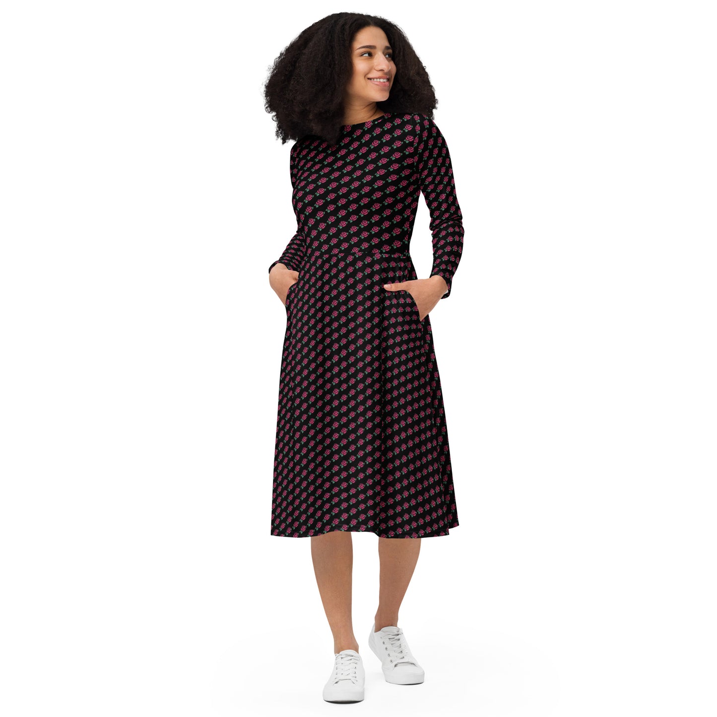 Roses Are Red All-over print long sleeve midi dress
