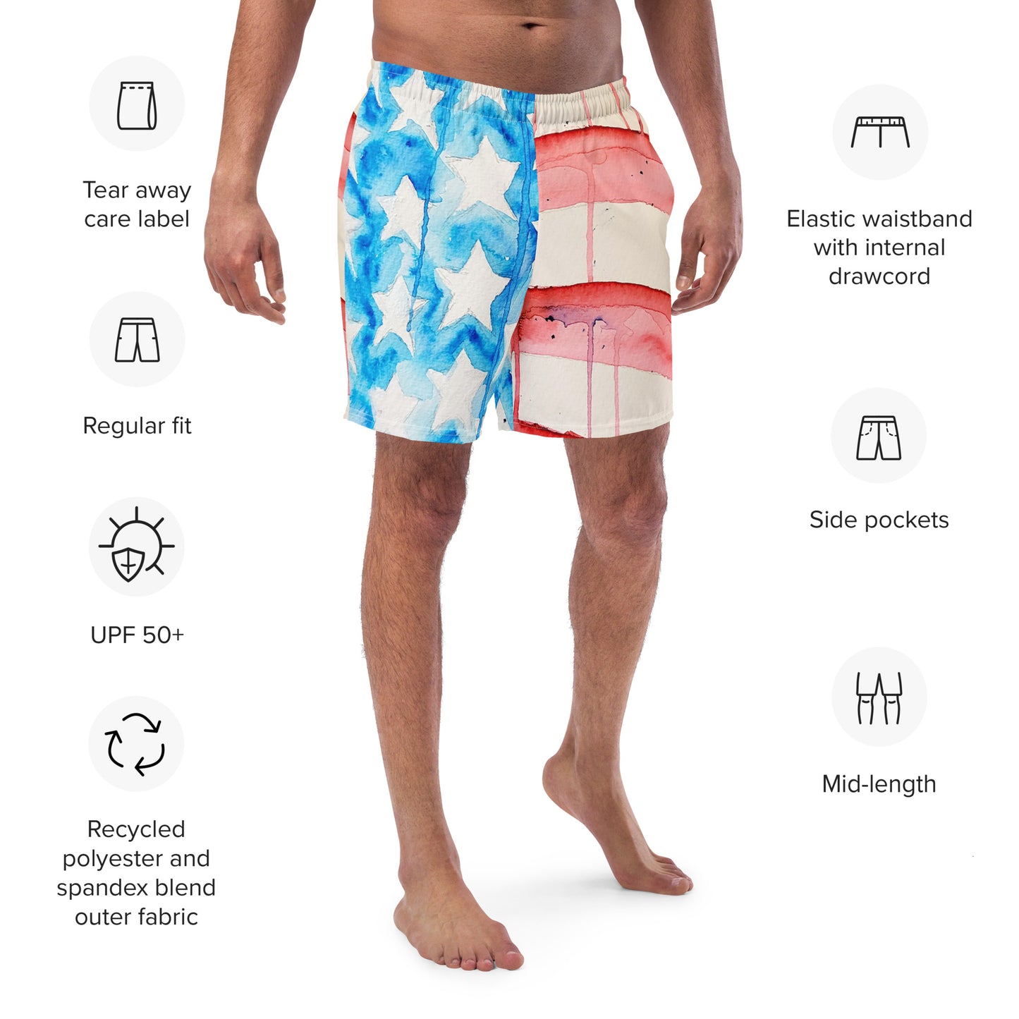 Old Glory All-Over Print Recycled Swim Trunks