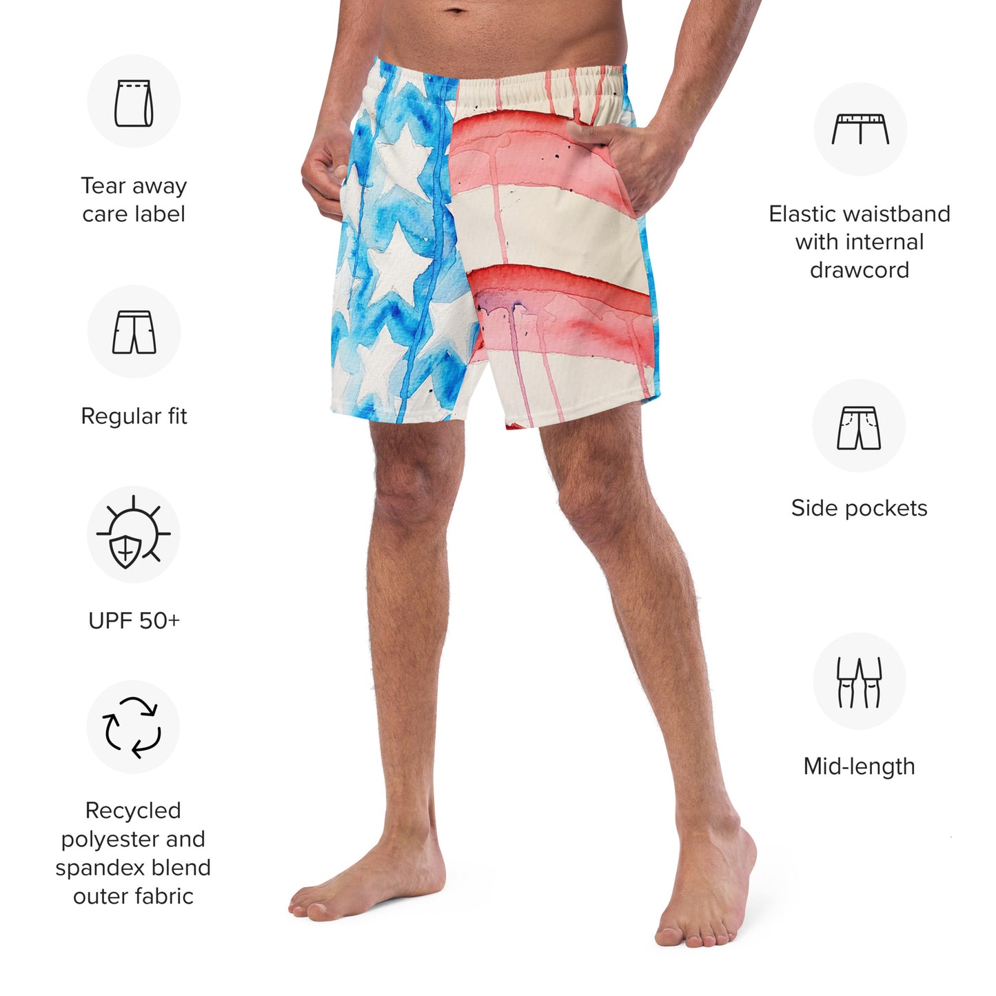 Old Glory All-Over Print Recycled Swim Trunks