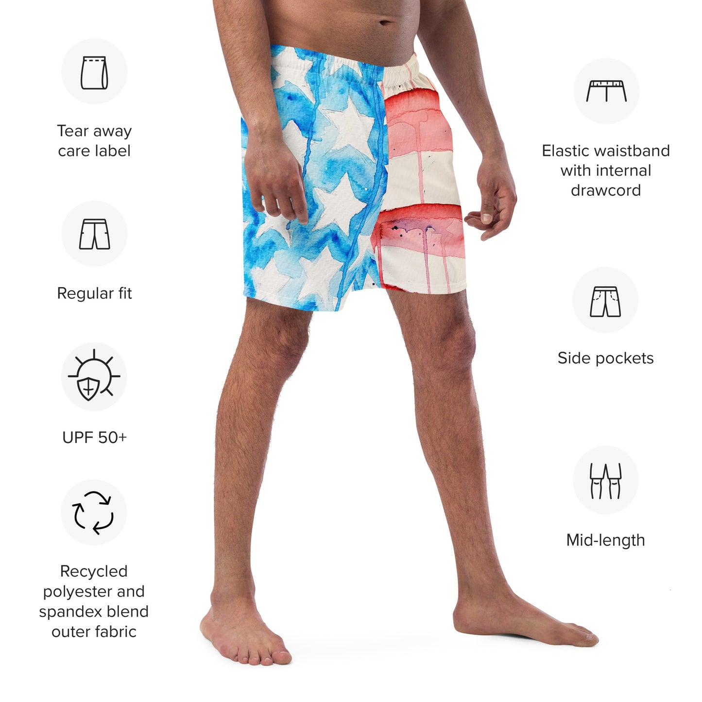 Old Glory All-Over Print Recycled Swim Trunks