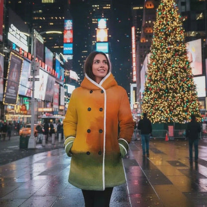 Autumn's Heart All-Over Print Women's Hooded Double-Breasted Winter Coat With Fleece