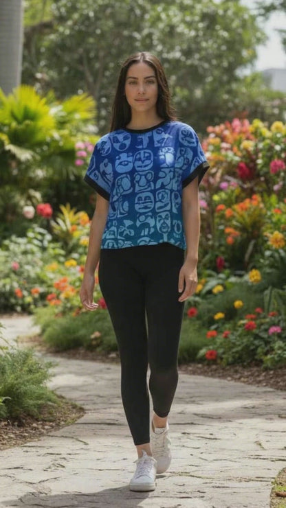 Faces Blueberry All-Over Print Women's Open-Back Crossover Workout Tee