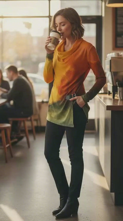 Autumn's Heart All-Over Print Women's Draped Long Sleeve Top