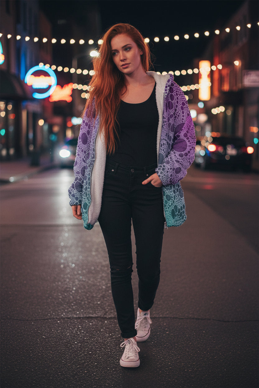 Lost In Circles Night Life All-Over Print Unisex Borg Fleece Stand-up Collar Coat With Zipper Closure(Plus Size)