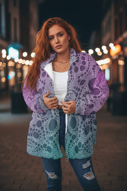 Lost In Circles Night Life All-Over Print Unisex Borg Fleece Stand-up Collar Coat With Zipper Closure(Plus Size)