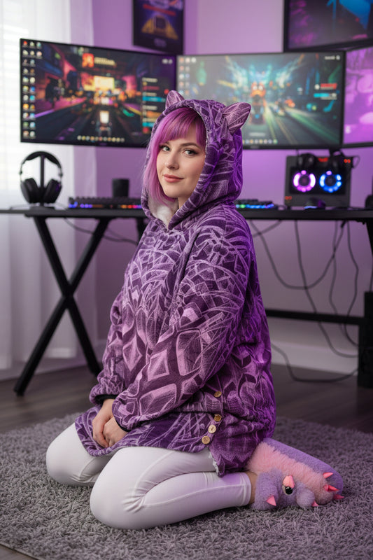 Sketch Orchid All-Over Print Women's Flannel Hoodie with Cat Ears