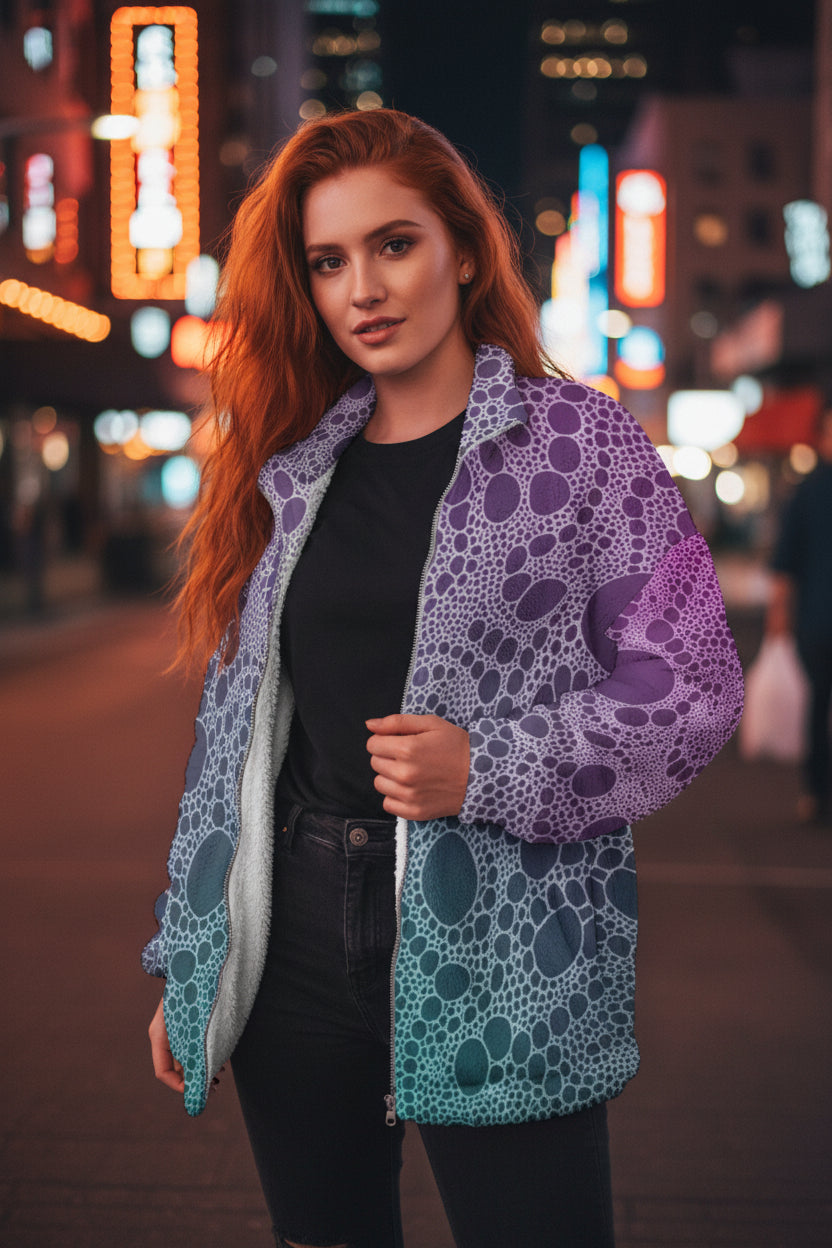 Lost In Circles Night Life All-Over Print Unisex Borg Fleece Stand-up Collar Coat With Zipper Closure(Plus Size)