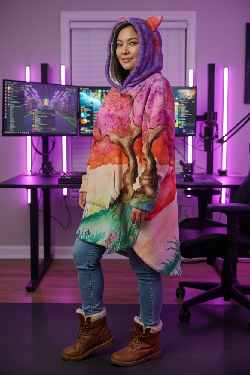 A New Dawn All-Over Print Women's Flannel Hoodie with Cat Ears