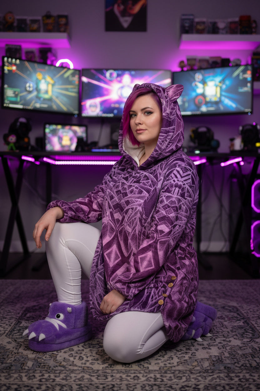 Sketch Orchid All-Over Print Women's Flannel Hoodie with Cat Ears