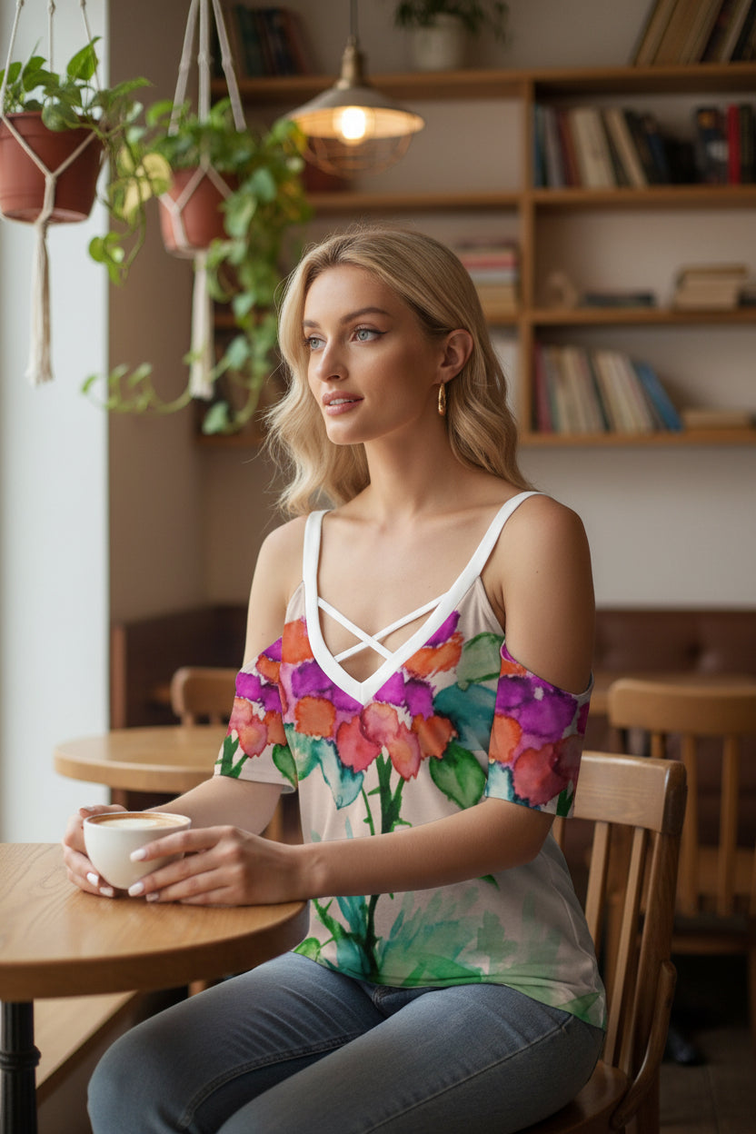Morning Bloom All-Over Print Women's Cold Shoulder T-shirt With Criss Cross Strips