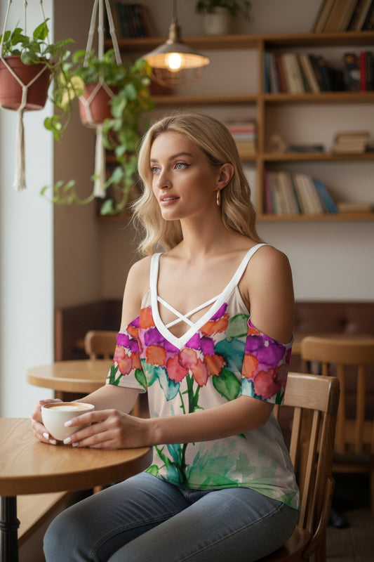 Morning Bloom All-Over Print Women's Cold Shoulder T-shirt With Criss Cross Strips