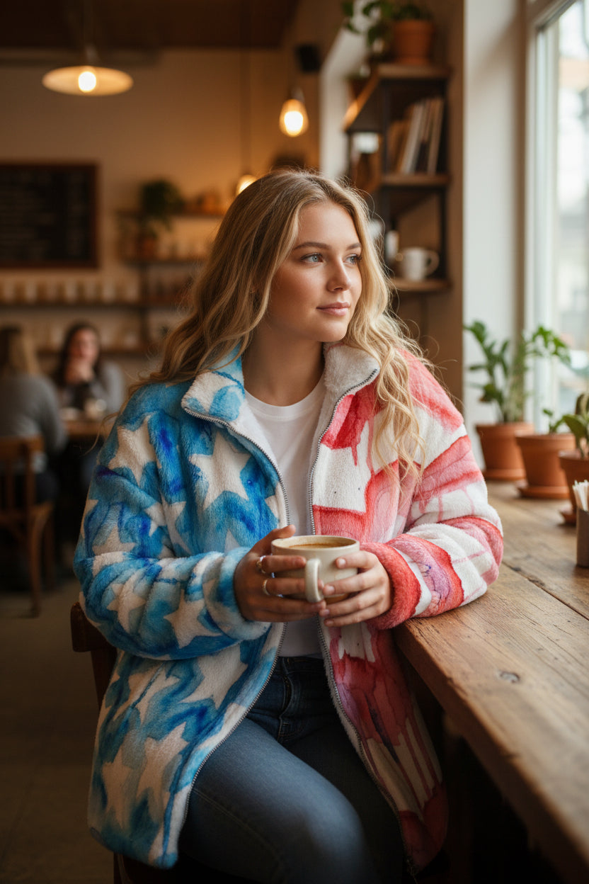 Faded Glory All-Over Print Unisex Borg Fleece Stand-up Collar Coat With Zipper Closure(Plus Size)