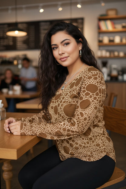 Lost in Circles Sunset All-Over Print Women's V-neck T-shirt With Curved Hem(Plus Size)