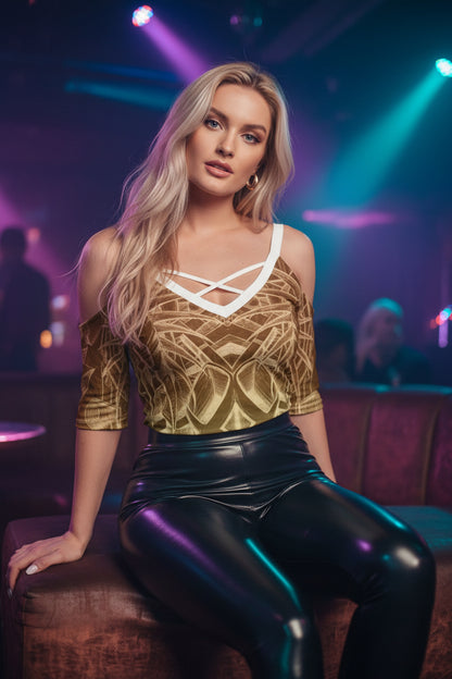 Sketch Sunset All-Over Print Women's Cold Shoulder T-shirt With Criss Cross Strips