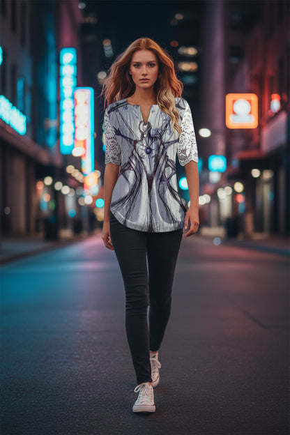 Last Embrace All-Over Print Women's Lace Sleeve Shirt