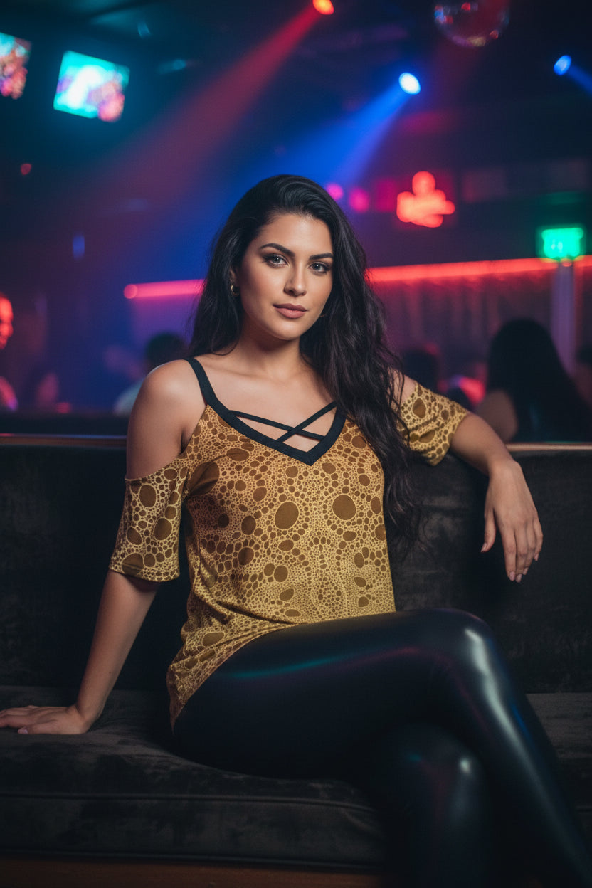 Lost in Circles Sunset All-Over Print Women's Cold Shoulder T-shirt With Criss Cross Strips