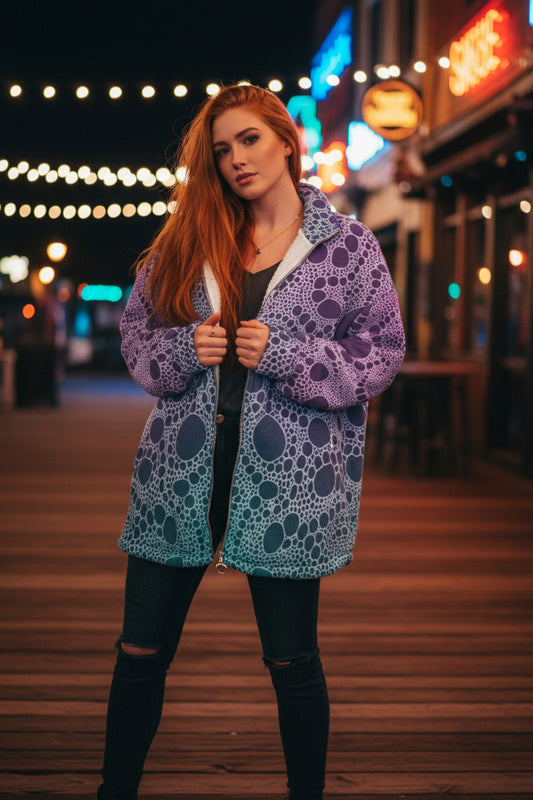 Lost In Circles Night Life All-Over Print Unisex Borg Fleece Stand-up Collar Coat With Zipper Closure(Plus Size)