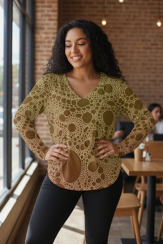 Lost in Circles Sunset All-Over Print Women's V-neck T-shirt With Curved Hem(Plus Size)