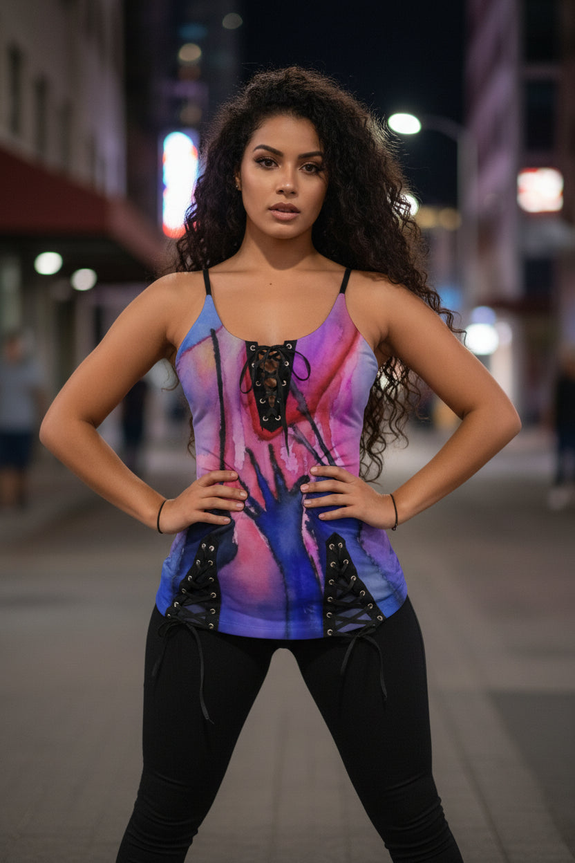 Heart Strings All-Over Print Women's V-neck Eyelet Lace-up Cami Dress