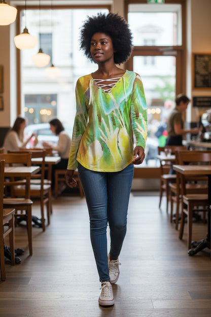 Heart Strings All-Over Print Women's Long Sleeve Neckline Tie Sweatshirt