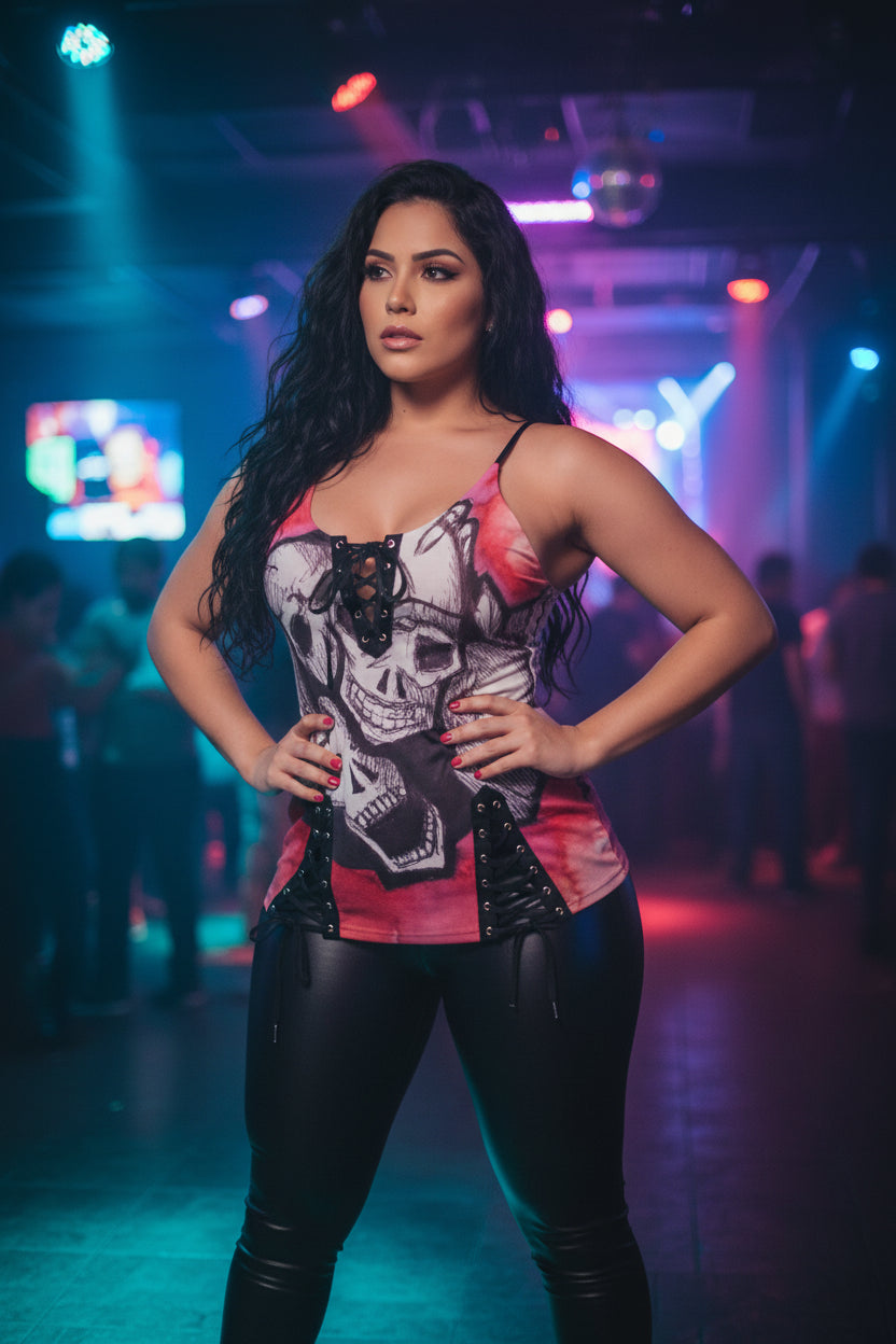 Skullz All-Over Print Women's V-neck Eyelet Lace-up Cami Dress