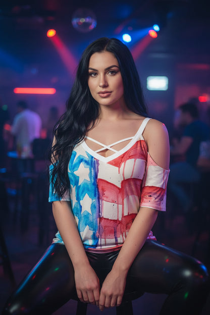 Faded glory All-Over Print Women's Cold Shoulder T-shirt With Criss Cross Strips