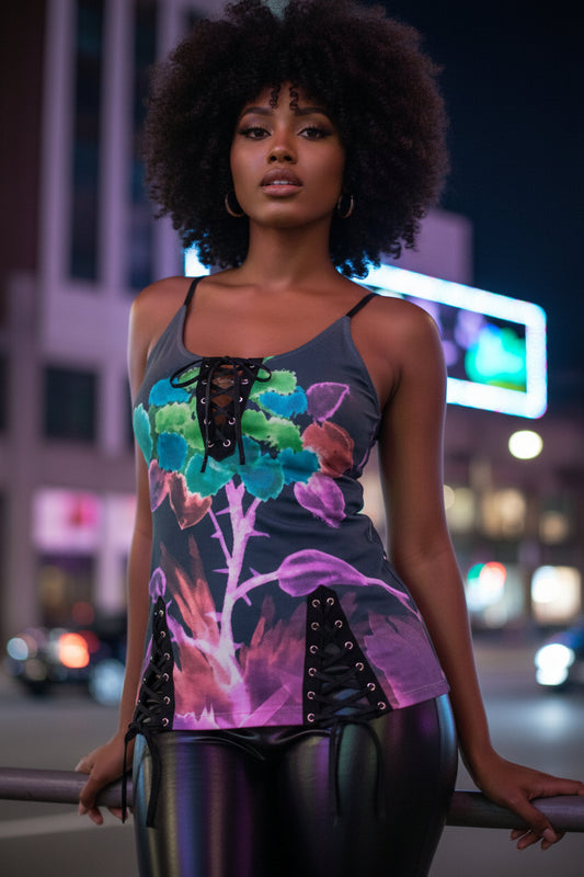 Morning Bloom All-Over Print Women's V-neck Eyelet Lace-up Cami Dress