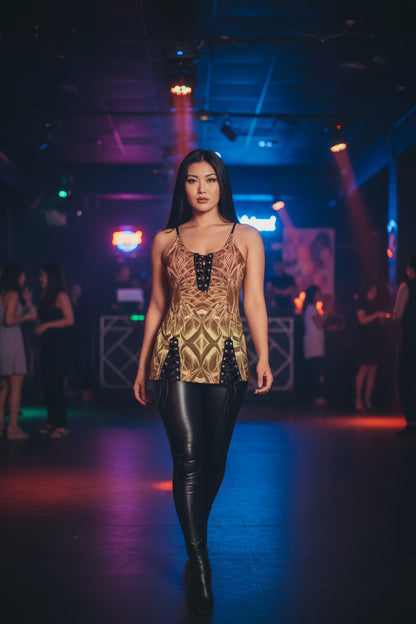 Sketch Sunset All-Over Print Women's V-neck Eyelet Lace-up Cami Dress