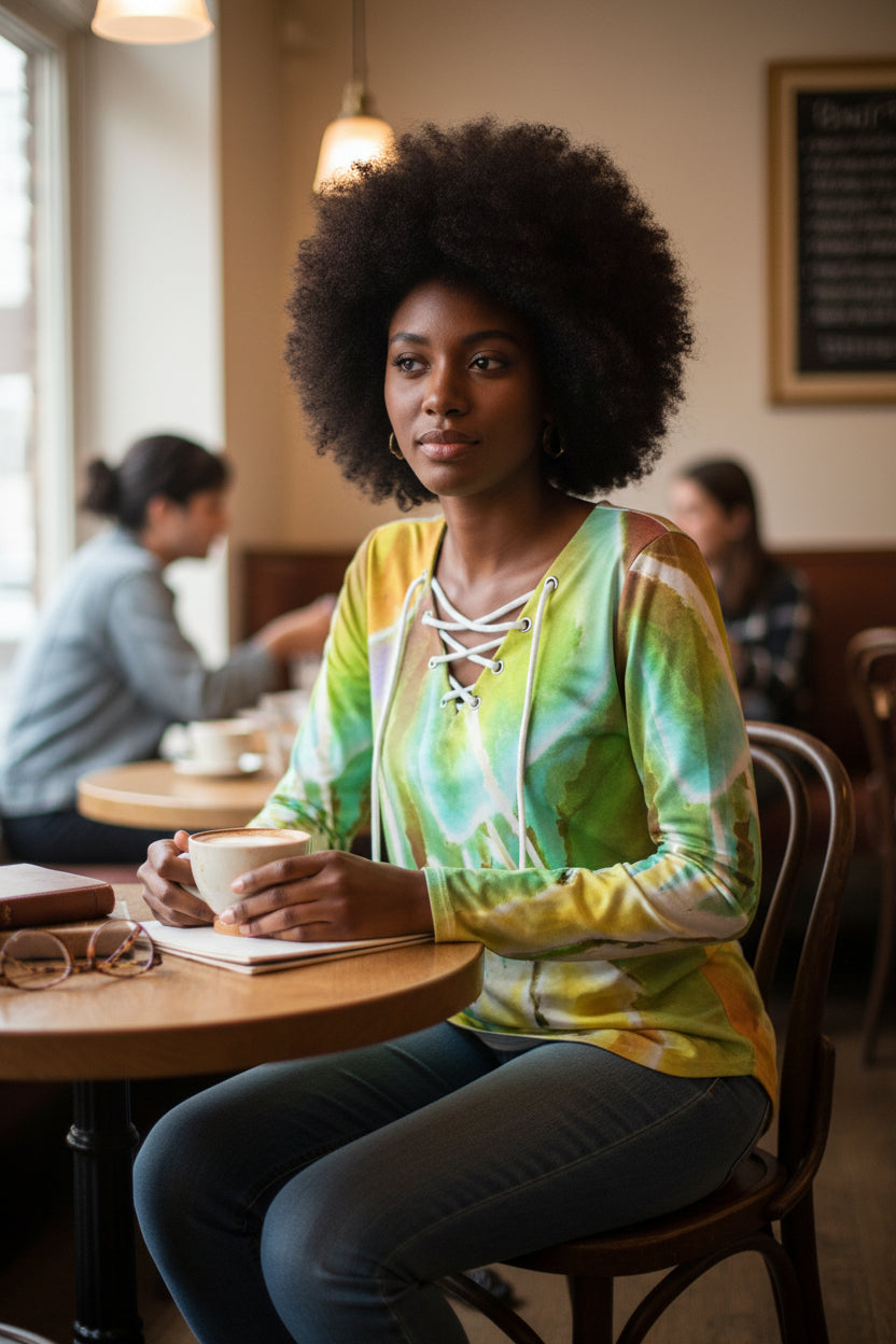 Heart Strings All-Over Print Women's Long Sleeve Neckline Tie Sweatshirt