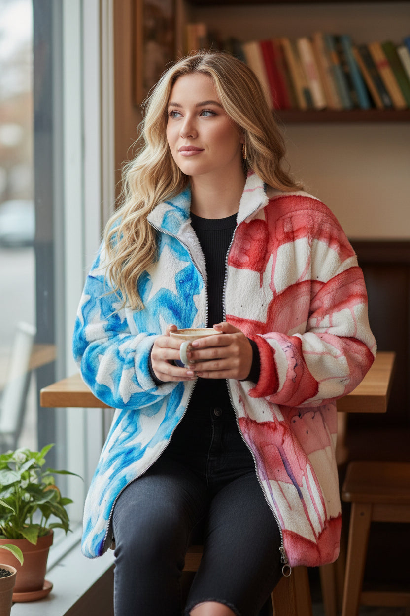 Faded Glory All-Over Print Unisex Borg Fleece Stand-up Collar Coat With Zipper Closure(Plus Size)