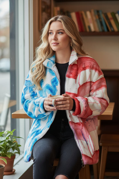 Faded Glory All-Over Print Unisex Borg Fleece Stand-up Collar Coat With Zipper Closure(Plus Size)