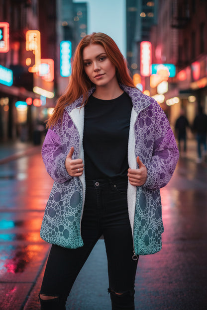 Lost In Circles Night Life All-Over Print Unisex Borg Fleece Stand-up Collar Coat With Zipper Closure(Plus Size)