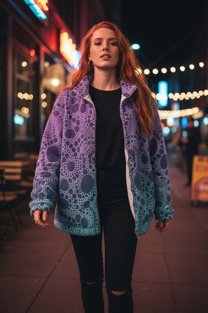 Lost In Circles Night Life All-Over Print Unisex Borg Fleece Stand-up Collar Coat With Zipper Closure(Plus Size)