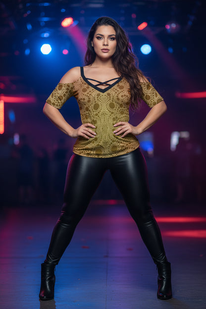 Lost in Circles Sunset All-Over Print Women's Cold Shoulder T-shirt With Criss Cross Strips