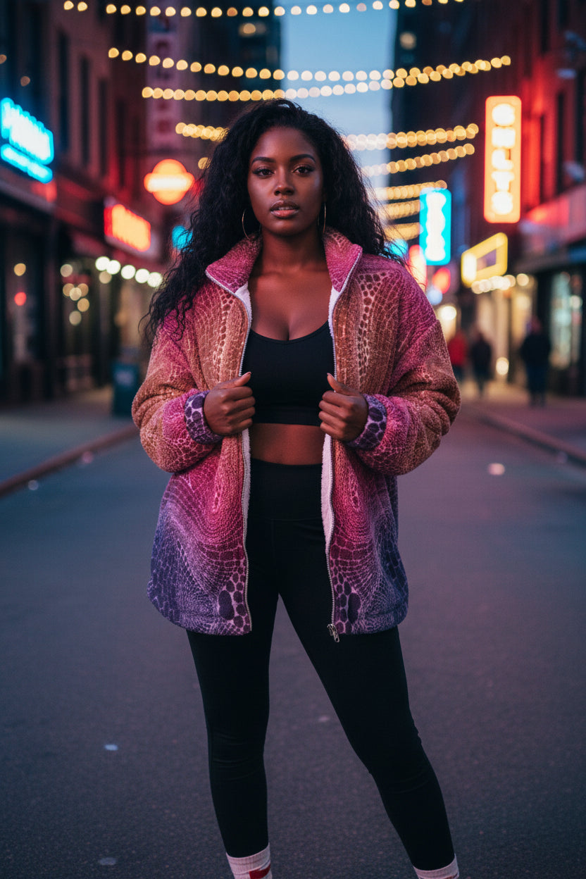 Signs of Life Sunset All-Over Print Unisex Borg Fleece Stand-up Collar Coat With Zipper Closure(Plus Size)