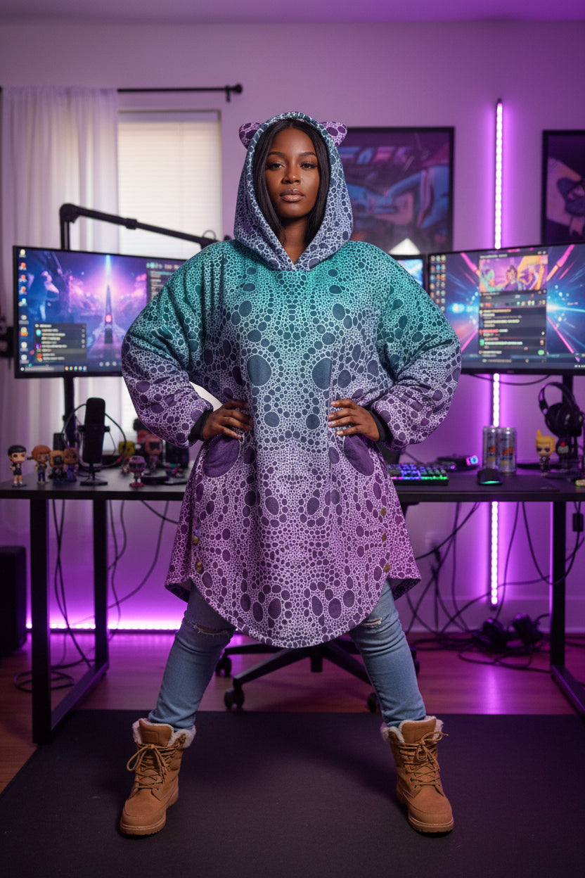 Lost In Circles All-Over Print Women's Flannel Hoodie with Cat Ears