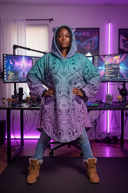 Lost In Circles All-Over Print Women's Flannel Hoodie with Cat Ears