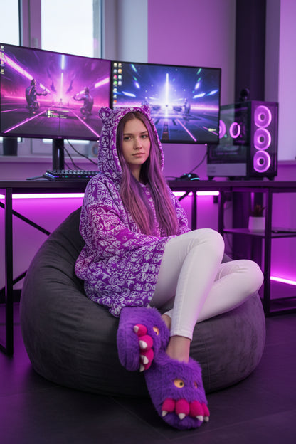 Faces Passion Pink All-Over Print Women's Flannel Hoodie with Cat Ears