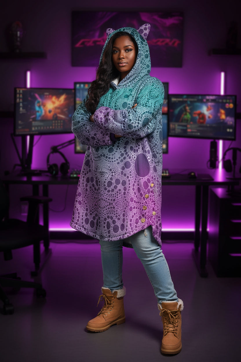 Lost In Circles All-Over Print Women's Flannel Hoodie with Cat Ears