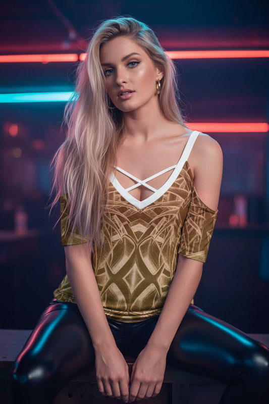 Sketch Sunset All-Over Print Women's Cold Shoulder T-shirt With Criss Cross Strips