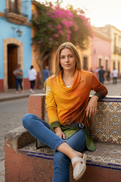 Autumn's Heart All-Over Print Women's Draped Long Sleeve Top