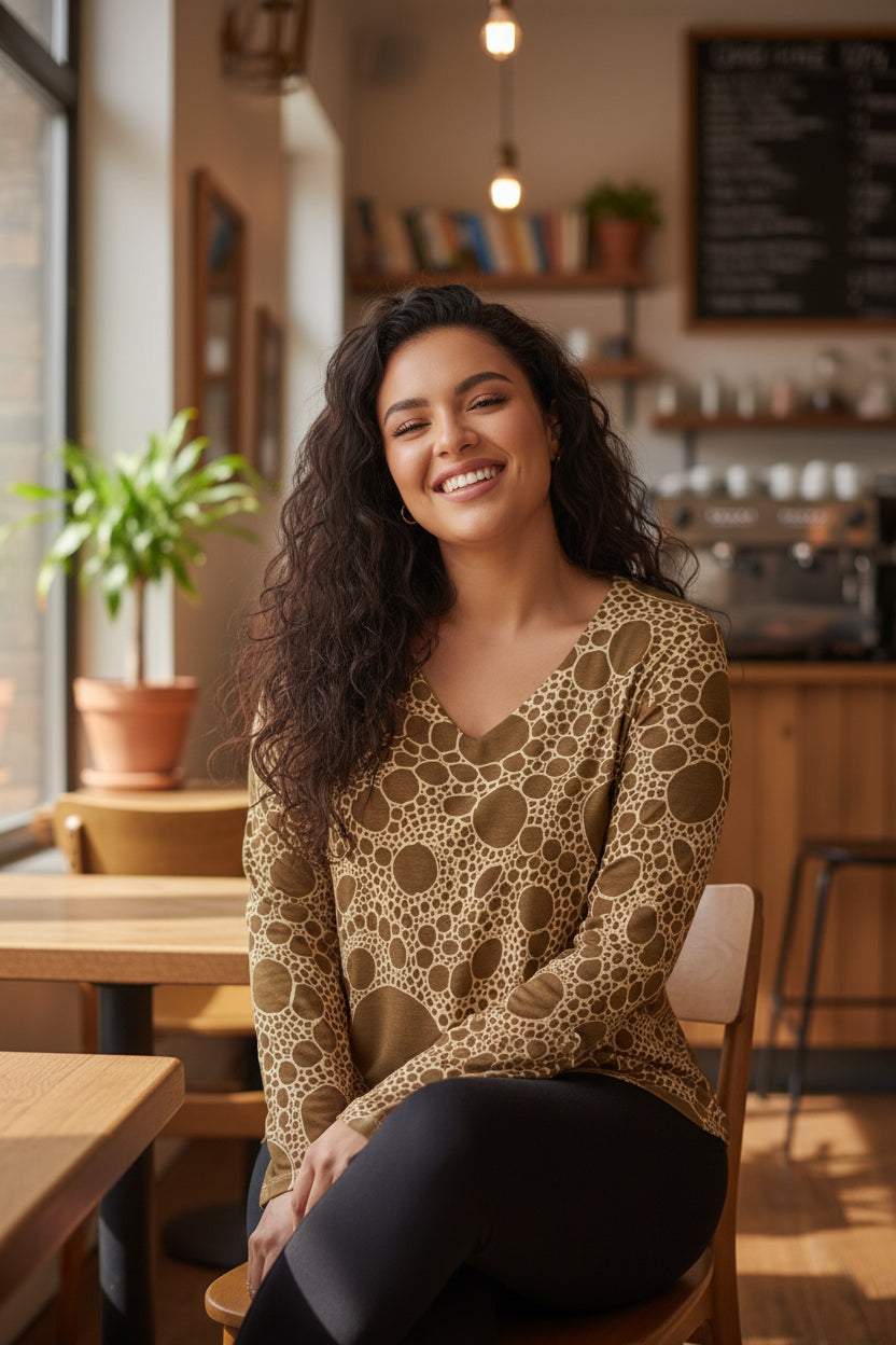 Lost in Circles Sunset All-Over Print Women's V-neck T-shirt With Curved Hem(Plus Size)