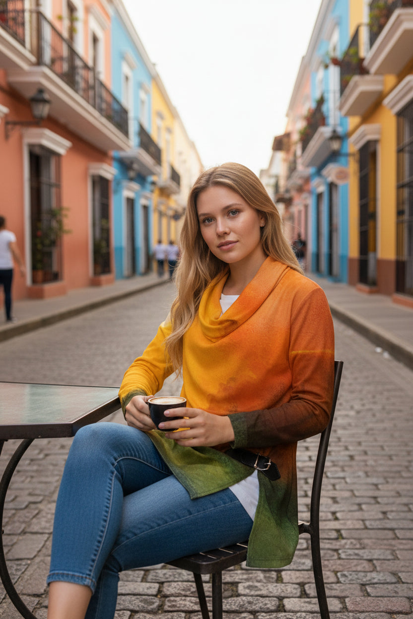 Autumn's Heart All-Over Print Women's Draped Long Sleeve Top